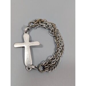 Two Tone Multi Chain Cross Bracelet Silver Gray Bronze Tone 7.5" Faith